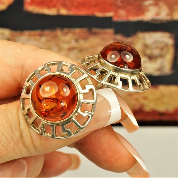 LARGE BALTIC AMBER CABOCHONS 925 SILVER CLIP ON ROUND EARRINGS, GIFT FOR WOMEN - Picture 6 of 9